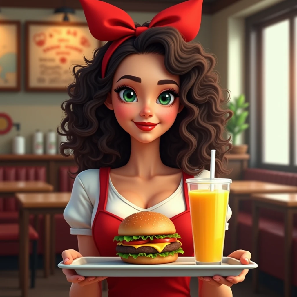 Beautiful cute Brazilian brunette with green eyes, very curly hair, fine nose, very discreet red lipstick, slightly-smile, rounded face, Dressed as a restaurant waitress, with a red bow matching the lipstick above the forehead going around the inside of the hair, with hands in front of him with a tray of burger and juice showing it to the camera, blurred restaurant background environment, high quality 4 k, camera 35mm