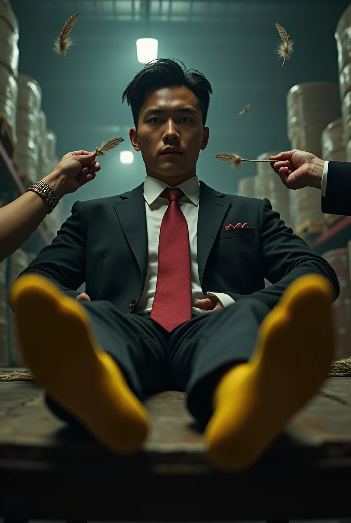 Malaysia malay handsome 23 years celebrity
His hand tied up behind with rope in warehouse
Feathers
Black Suit and Red tie
feet on desk
5 toes each feet
Yellow stinky sock
Two mafia pinch thier nose