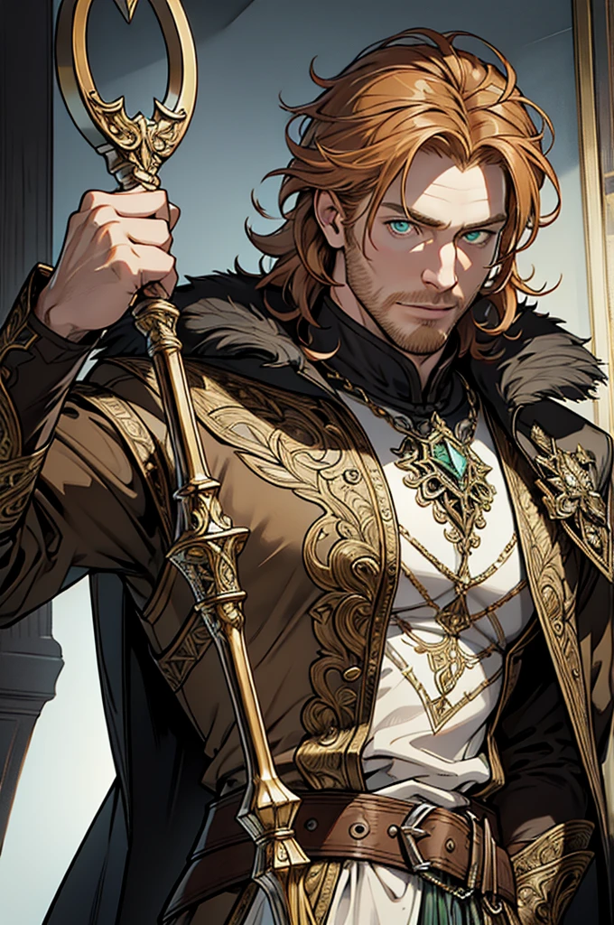(masterpiece),(Very detailed),(Very detailed),(best quality), perfect lighting, fantasy man, 40 years old, solo, ((short messy ginger hair)), he have a long staff in his hand, muscle, correct proportions, facial details, tall, stunning, beautifull face, green eyes ((detailed eyes)), fantasy clothing, animated style, perfect face, highest detail, stubble, detailed face, intricate details, concept caracter