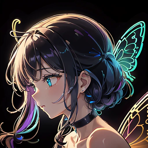 Many rainbow butterflies、Background black、Line Art、Neon lights