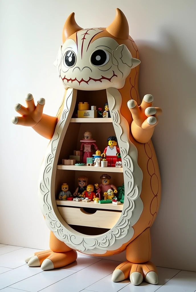 Make an innovative shelf to store Legos that has compartments, but is smaller and more creative for a child between 4 and , something innovative that doesn't exist, something unimaginable, something more unusual, and with drawers to store small pieces.