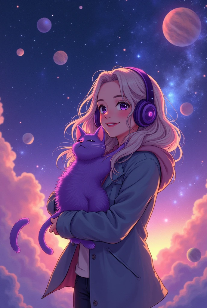 Woman in the middle of the universe, Woman listeling to music, Woman with purple headphones, Woman wearing jacket, Woman with weavy hair, Woman happy, Woman hugging a cute cosmic purple cat, Purple sky, purple planets, purple Stars, purple galaxies, Realistic anime style 