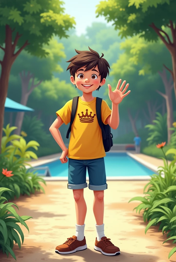 A teenager of approximately , brunette skin, short black hair. He wears blue shorts above the knee, short socks and brown shoes. Wears a yellow shirt with a crown printed on the chest. He has a black backpack on his back. The setting is a place with lots of trees and a swimming pool in the distance.. He waves at the camera and smiles.