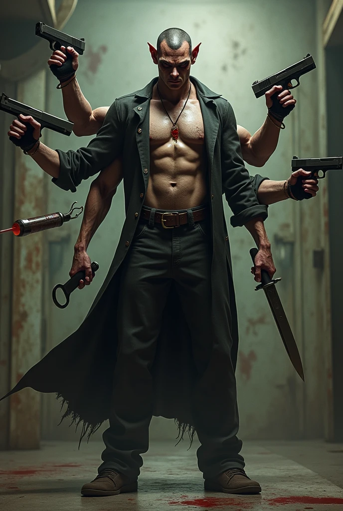 a realistic killer man who has the characteristic of being a multitasker, he has multiple arms and each one has an object and one of those arms has a knife