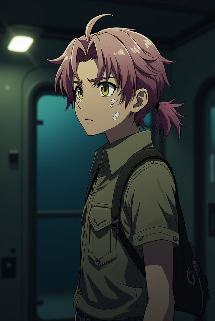 (Barotrauma) Style: 2D anime image with high quality. Character: young guy, fair skin, left side of hair light, right side of hair dark pink. Hair wavy and quite long, hair gathered into a shaggy Short length ponytail, yellow eyes and wide eyebrows, a bandage on his cheek. Emotion: irritation. Clothing: uniform of a submarine officer from the Barotrauma game universe. Background: Inside a submarine. Details: sloppy appearance, dirty clothes. Angle: far from the character, characters looking over the shoulder. Lighting: only one dim lamp, dim lighting. 