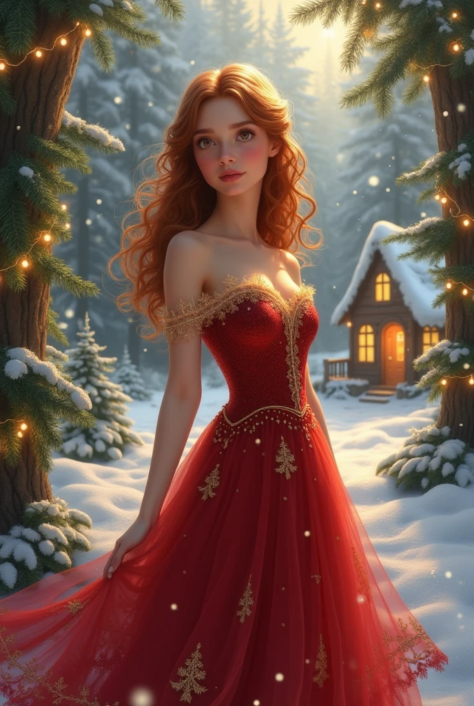 create a female character in a creative way with a Christmas theme with a setting