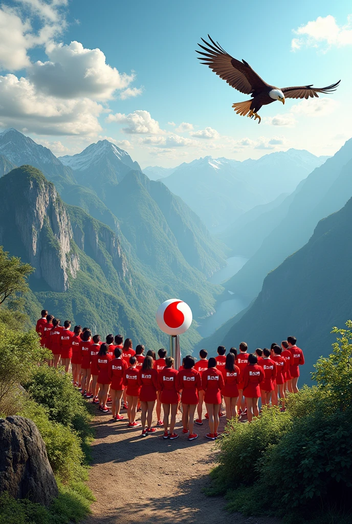 Many Staffs in Vodafone Red and White logo uniform standing on V Shape on a Mountain overlook to the valley with a big eagle flying over. Label Hagen Roadshow 