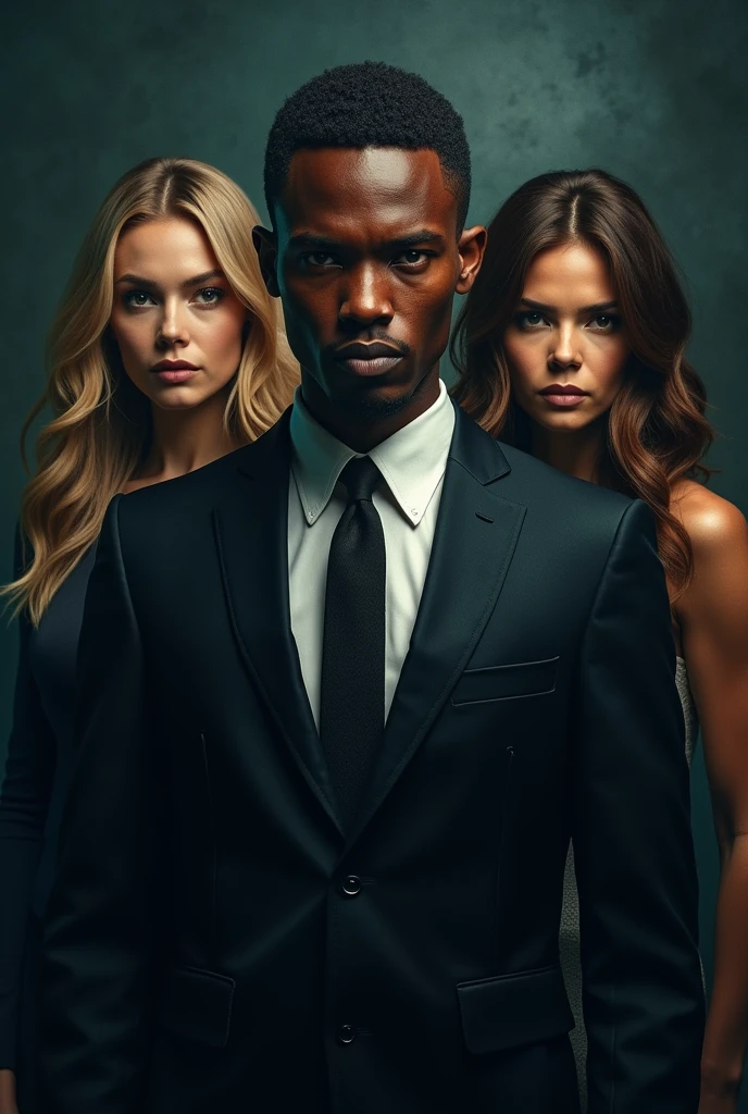 Create a cover for a thriller movie with 3 characters, a young brown man in a suit and two women, the skin color of one of them being white and one being brown.
