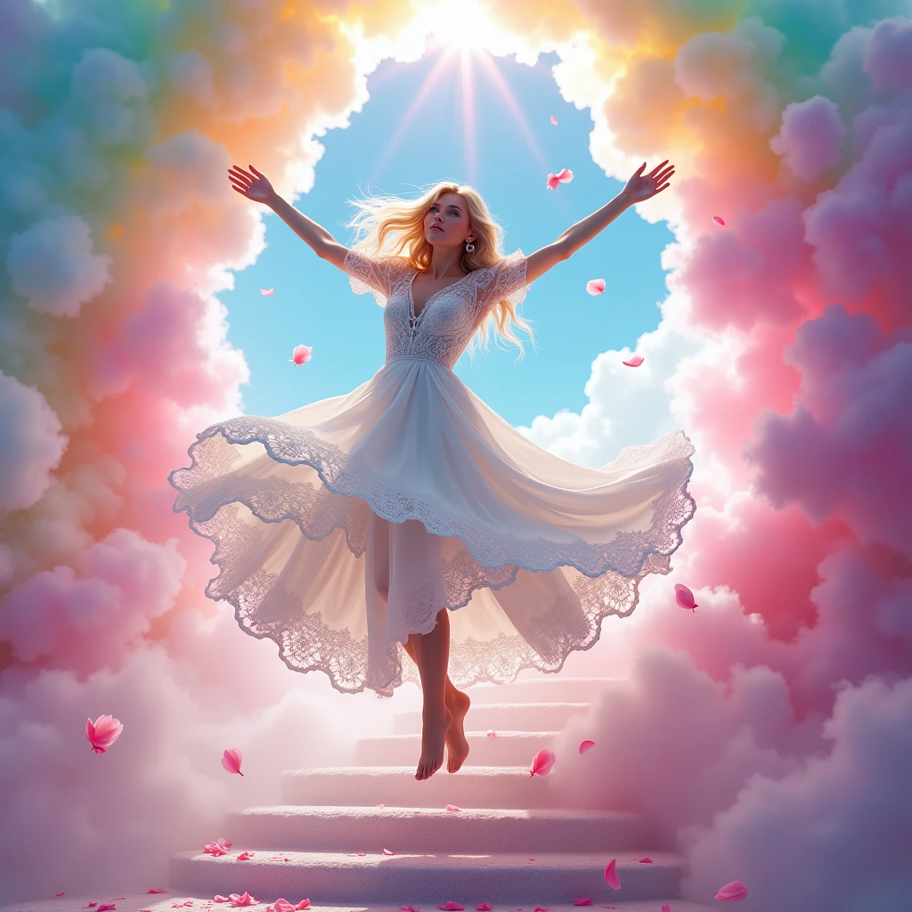 riding on clouds, background color yellow Mix of rainbow smoke and fog effects fog on the ground and petals). Extravagant, beautiful woman full length, nice legs,shoes, in a fast dance in a flying pose, (Ultra detailed face, hyperrealistic) posing Giant , center of rainbow in photo, woman looking at viewer, permission 8k, masterpiece, top quality, the leif skirt flutters strongly in the wind,Tyndall phenomenon,white lace staircase, into the sky, beautiful blonde, Best quality, super detailed, valid,professional,white fluffy lace wedding dress,train сильно развивается на ветру, extravagant, lots of lace on the dress, train, Rows of pale lilac and violet rays, cloud, light multi-colored fog,White minimalist, partial reflection,12K,