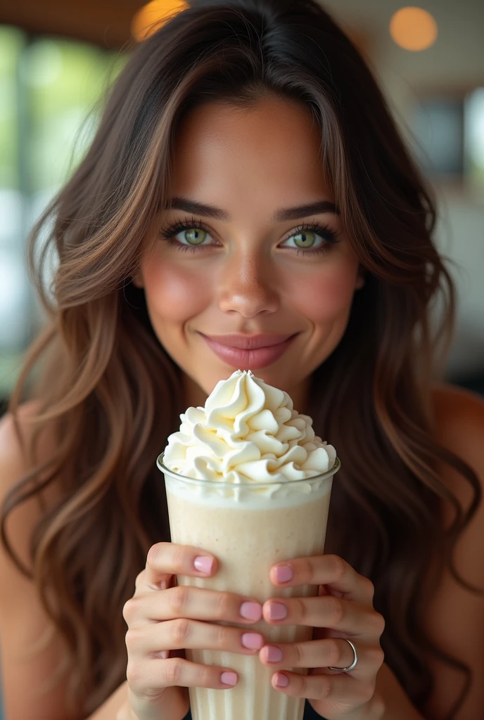 Make a full-body image of a Latina woman with green eyes and long brown hair drinking a realistic milkshake