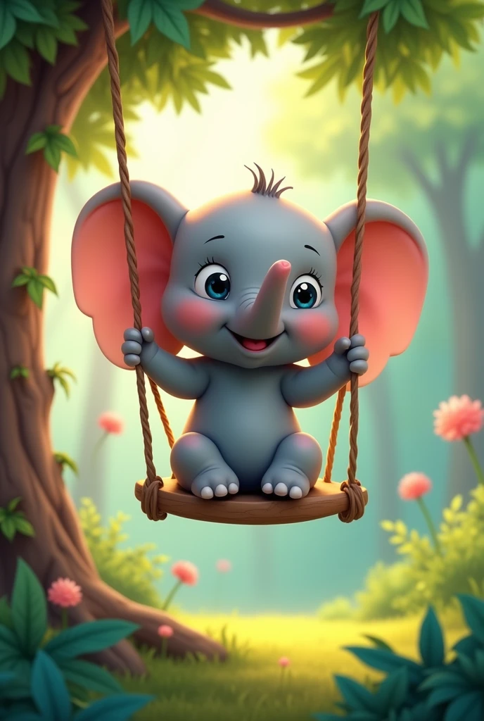 A cute elephant swinging in an animated version 