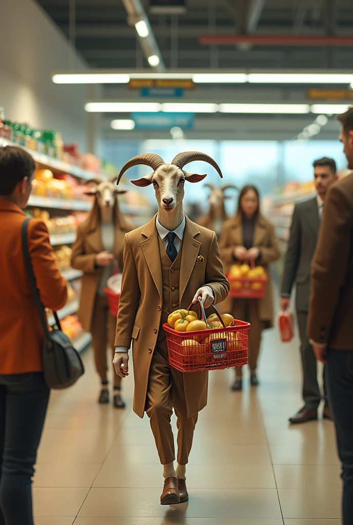 Vue panoramique avec des chèvres élégamment habillées dans un supermarché qui remplissent leurs paniers sous un regard attentif.