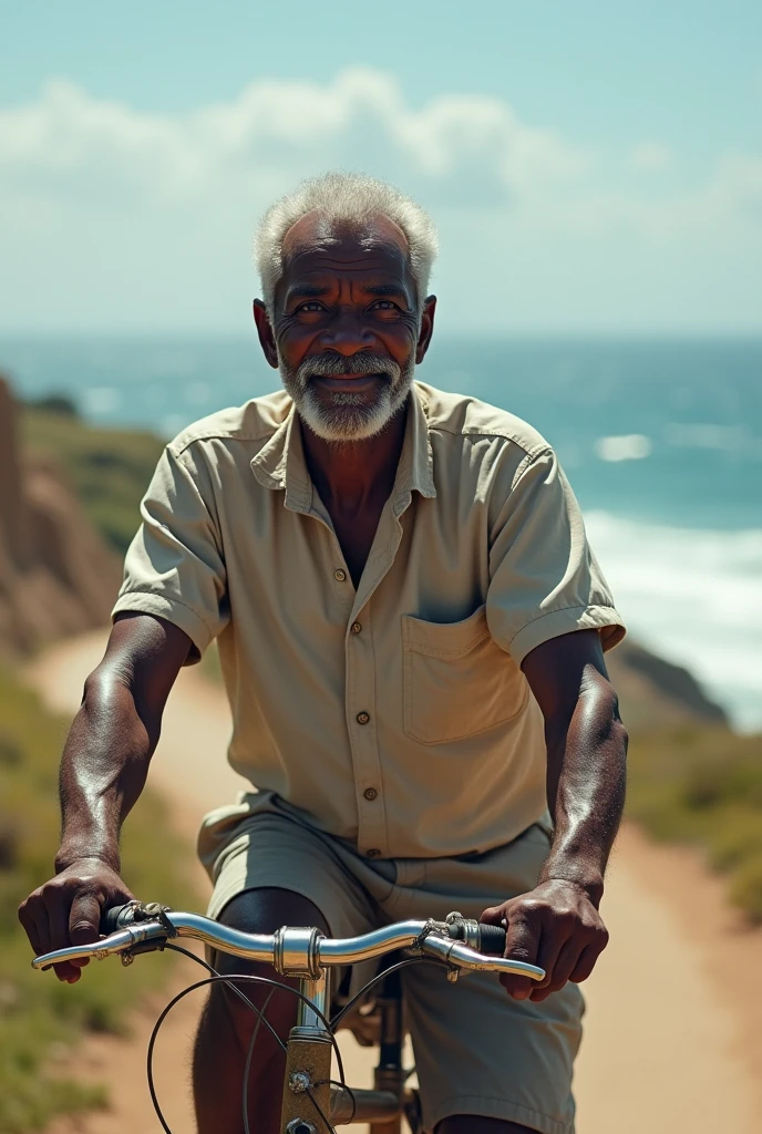 A handsome Beninese man who enjoys life on a bike by the sea even with terminal cancer. realistic image.