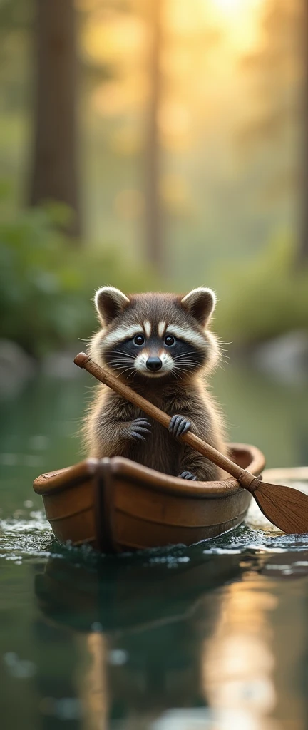 A photo of a fluffy baby raccoon paddling a tiny wooden boat through a serene water body. The raccoon's adorable face is filled with curiosity and determination. The background showcases a harmonious blend of warm and cool tones, depicting a forest or woodland setting with trees and foliage. The overall mood of this enchanting image is one of tranquility and wonder.