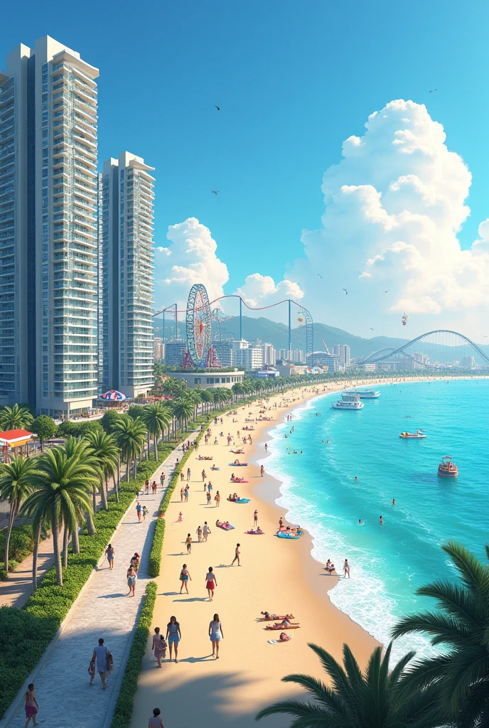 A condominium with an amusement park in the background with happy people on the coast