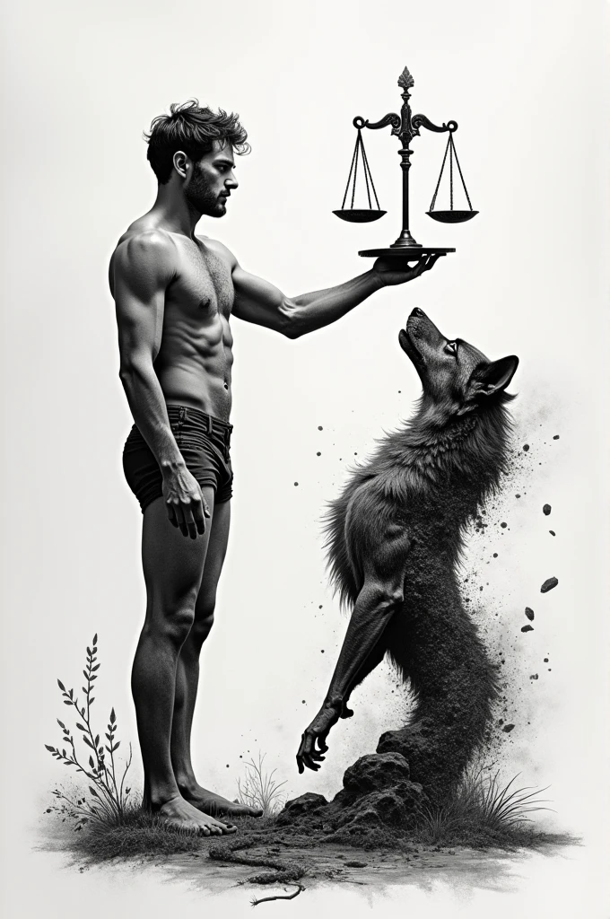 Create a black and white pointillism tattoo depicting a human figure with one hand outstretched towards an abstract shape of a wolf or dark creature, but instead of a normal hand, The figure might show a missing hand or a prominent scar in its place.. This hand or stump may be surrounded by symbols of power and justice., like a broken scale or a hammer, representing the sacrifice necessary to maintain balance. The figure may be facing forward, with an expression of determination and courage, symbolizing the acceptance of sacrifice as a path to victory.