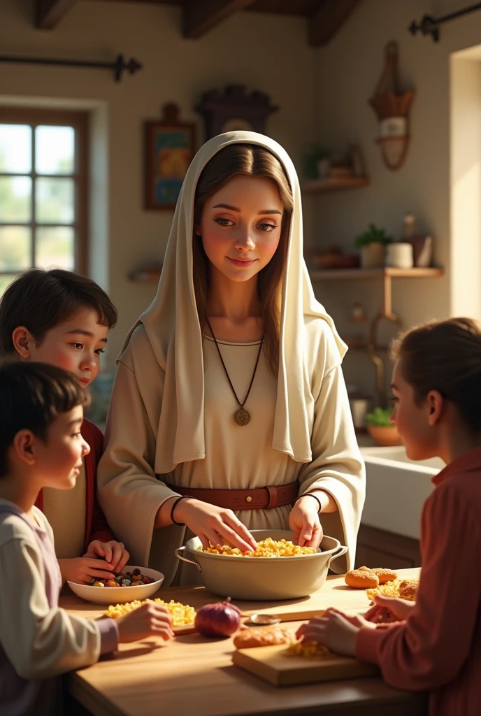 Mary, Jesus&#39; mother, teaching diverse children to cook
