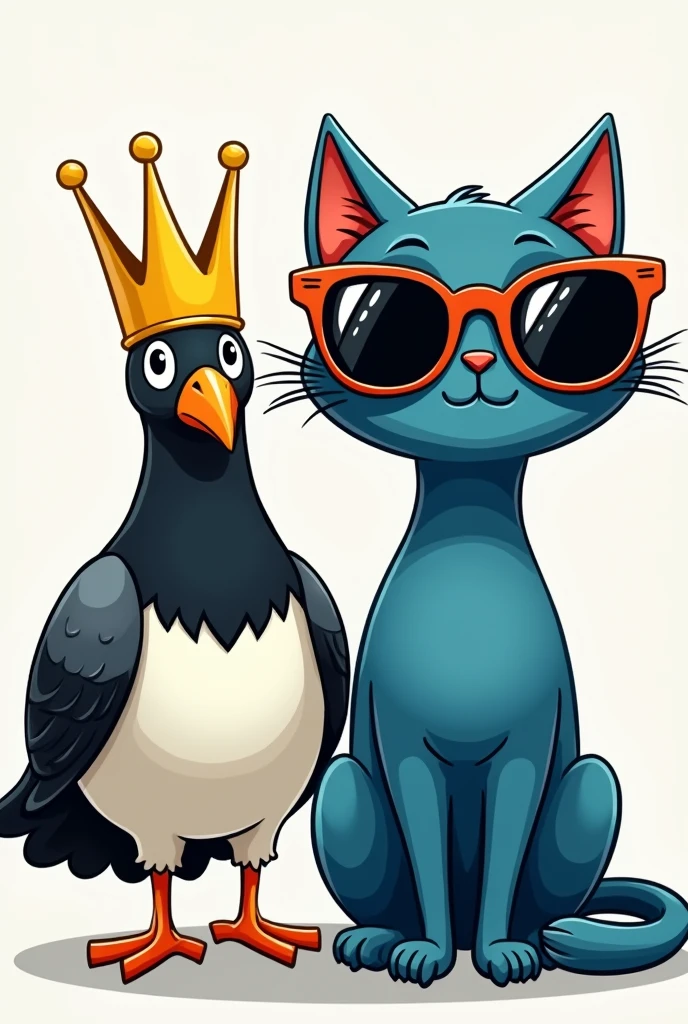 une image pour une bannière youtube un dessin cartoon vintage entièrement en noir et blanc ou on vois un chat bleu avec des grosse lunette de soleil et a cote de lui un pigeon en noir et blanc avec une couronne jaune en 3D