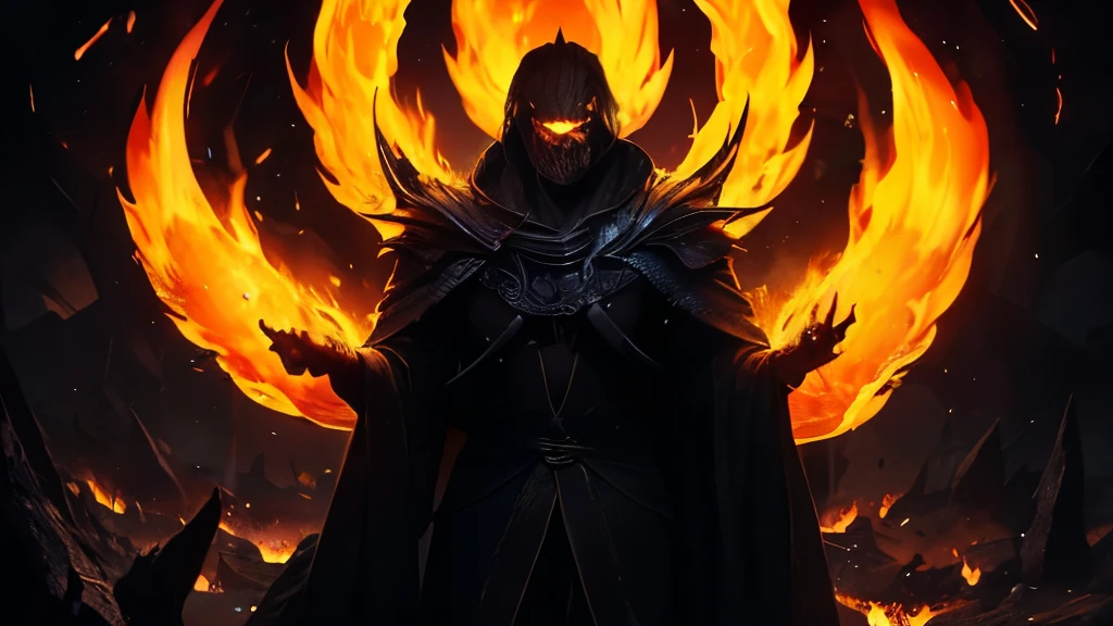 (Best Quality, Photorealsitic, ultrarealistic, finely detail, hight resolution, 8K Wallpapers, Beautiful detailed eyes), a dark and eerie image of Shabriri, the Lord of the Frenzied Flame, from Elden Ring. Shabriri should be depicted as a terrifying figure with a mutilated face, featuring gaping, hollow eye sockets that burn with the intense, chaotic Frenzied Flame. His expression should be one of madness and agony, reflecting his corruption by the Flame.

Shabriri's body is draped in torn, ritualistic robes that are dark and tattered, with symbols of chaos and destruction subtly woven into the fabric. The robes should appear ancient and worn, with hints of burnt edges, as if they have been singed by the very flame he worships.

The background should be ominous and desolate, with dark, stormy skies and a landscape that appears scorched and lifeless, echoing the devastation brought by the Frenzied Flame. The environment should feel otherworldly and nightmarish, with faint embers floating in the air, giving a sense of impending doom.

Lighting should be dramatic, casting harsh shadows across Shabriri’s face and figure, emphasizing the hollows of his eyes and the burning flames within them. The flame itself should be depicted as wild and uncontrollable, with tendrils of fire that seem to flicker chaotically around his head, symbolizing the destructive power he harbors.

The overall mood of the image should be one of dread and unease, capturing the essence of a character who is both a harbinger of chaos and a victim of the Frenzied Flame.