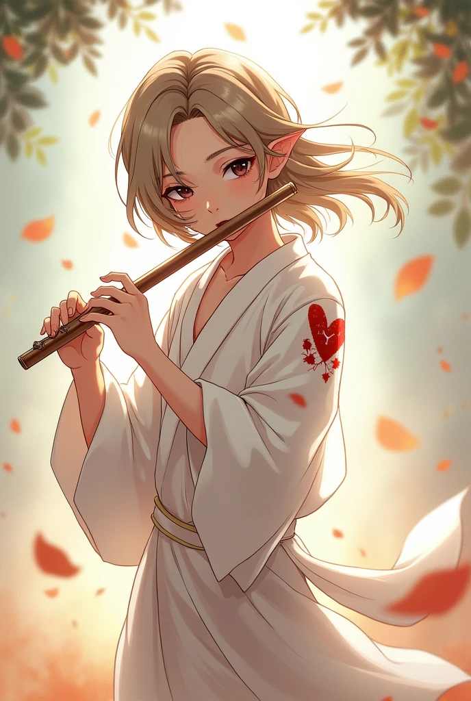 a young half-elf man with delicate features and shoulder-length light brown hair wearing white robes with a winged red heart symbol on his chest, playing the flute anime style