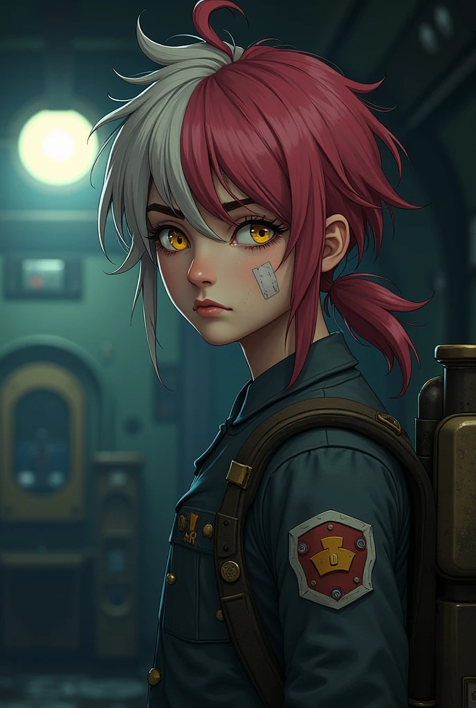 (Barotrauma) Style: 2D image with high quality. Character: young guy, fair skin, left side of hair light, right side of hair dark pink. Hair wavy and quite long, hair gathered into a shaggy Short length ponytail, yellow eyes and wide eyebrows, a bandage on his cheek. Emotion: irritation. Clothing: uniform of a submarine officer from the Barotrauma game universe. Background: Inside a submarine. Details: sloppy appearance, dirty clothes. Angle: far from the character, characters looking over the shoulder. Lighting: only one dim lamp, dim lighting.