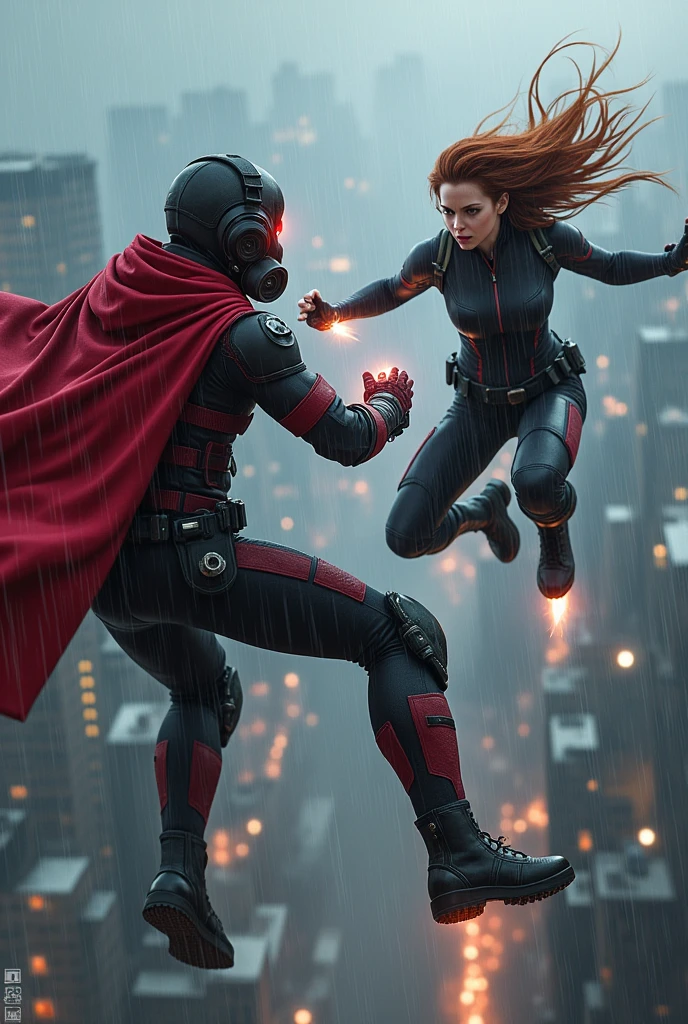 Young Star-lord with red hoodie, headphones, star-lord helmet, gas helmet, covered mouth, round red eyes, Red eyes, magic rings in the hands and rocket boots vs, Black widow, Fighting, power, fiction, full body, magic lasso, hog, fall, fire in boots, poweful spells, realistic, helmet, mask, red cape, confrontation, punch, gun, flying in the sky, view of the city from above, rain, fighting, Black gloves, ocean floor, face cover, free hair, front cover