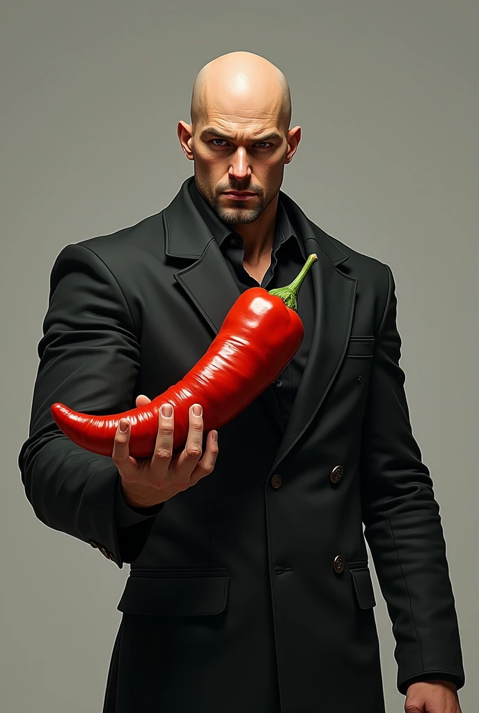Make a bald woman who looks like a man with a thick pepper in his hand