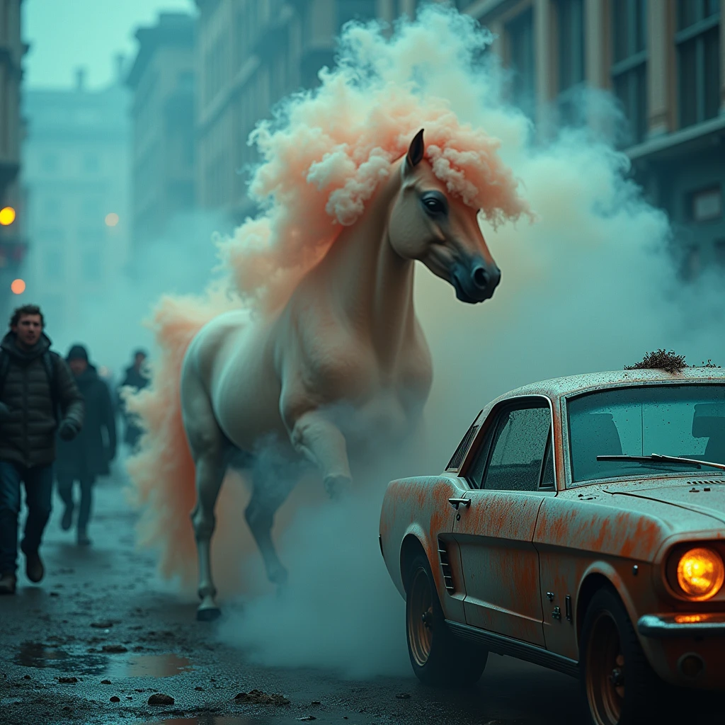 A cinematic funny side view of a pony formed by smoke colors. In the background, people are screaming and running. There are cars with a metal oxide finish nearby. The scene is set during a polar night. The photo has a retro style and a vintage feel. Kodak ultra The resolution is 4k.