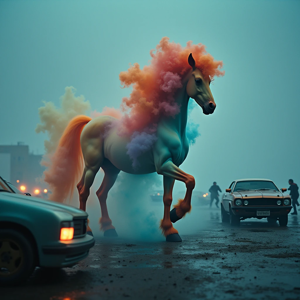 A cinematic funny side view of a pony formed by smoke colors. In the background, people are screaming and running. There are cars with a metal oxide finish nearby. The scene is set during a polar night. The photo has a retro style and a vintage feel. Kodak ultra The resolution is 4k.