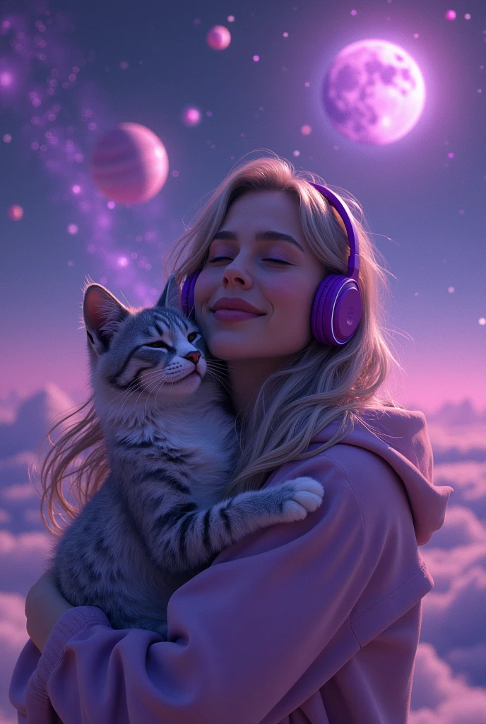 Woman in the middle of the universe, Woman listeling to music, Woman with purple headphones, Woman with eyes closed, Woman wearing jacket, Woman with weavy hair, Woman happy, Woman hugging a cute cosmic purple cat, Purple sky, purple planets, purple Stars, purple galaxies, Realistic style
