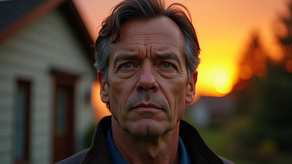 Ultra-realistic portrait of a man in his 40s. He has dark brown hair with a few white strands and green eyes that reflect determination and concern. His face is well defined, and his expression suggests resolution and vigilance. The portrait should be from the waist up. He is wearing a dark blue casual shirt.

The man is standing in front of a house at dusk, with an orange sky in the background. The environment should include elements such as trees and the façade of the house, but should be blurred so as not to distract from the main subject.

The lighting should be soft and natural, with evening light coming from behind, creating a dramatic outline that accentuates the man's expression of determination. The light should highlight the green eyes and the texture of the skin, emphasizing the seriousness of the situation.

The image should convey a sense of determination and vigilance, with a touch of tension. Suggest a warm color palette, such as oranges and golds, to complement the atmosphere of the evening.

The photo should be of high quality, with 8k rendering and extreme detail, capturing the emotional essence of the moment.