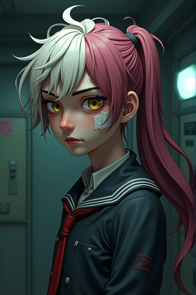 (Barotrauma) Style: 2D image with high quality. Character: young guy, fair skin, left side of hair light, right side of hair dark pink. Hair wavy and quite long, hair gathered into a shaggy Short length ponytail, yellow eyes and wide eyebrows, a bandage on his cheek. Emotion: irritation. Clothing: uniform of a submarine officer from the Barotrauma game universe. Background: Inside a submarine. Details: sloppy appearance, dirty clothes. Angle: far from the character, characters looking over the shoulder. Lighting: only one dim lamp, dim lighting.