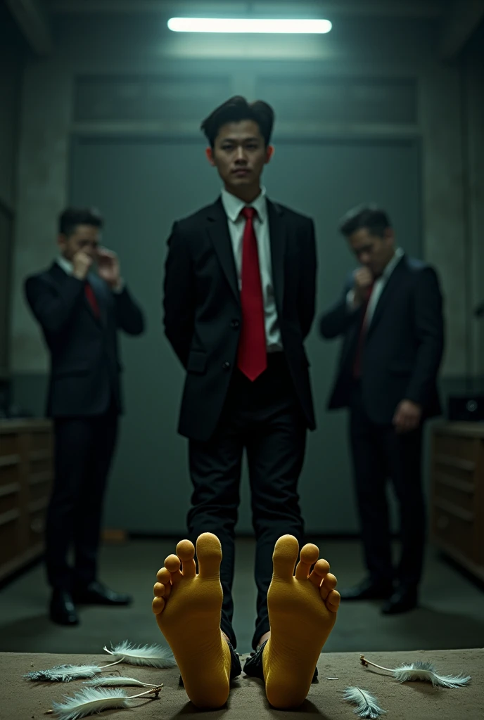 Malaysia malay handsome 23 years celebrity
His hand tied up behind with rope in warehouse
Feathers point at his feet
Black Suit and Red tie
feet on desk
5 toes each feet
Yellow stinky sock
Two mafia pinch thier nose