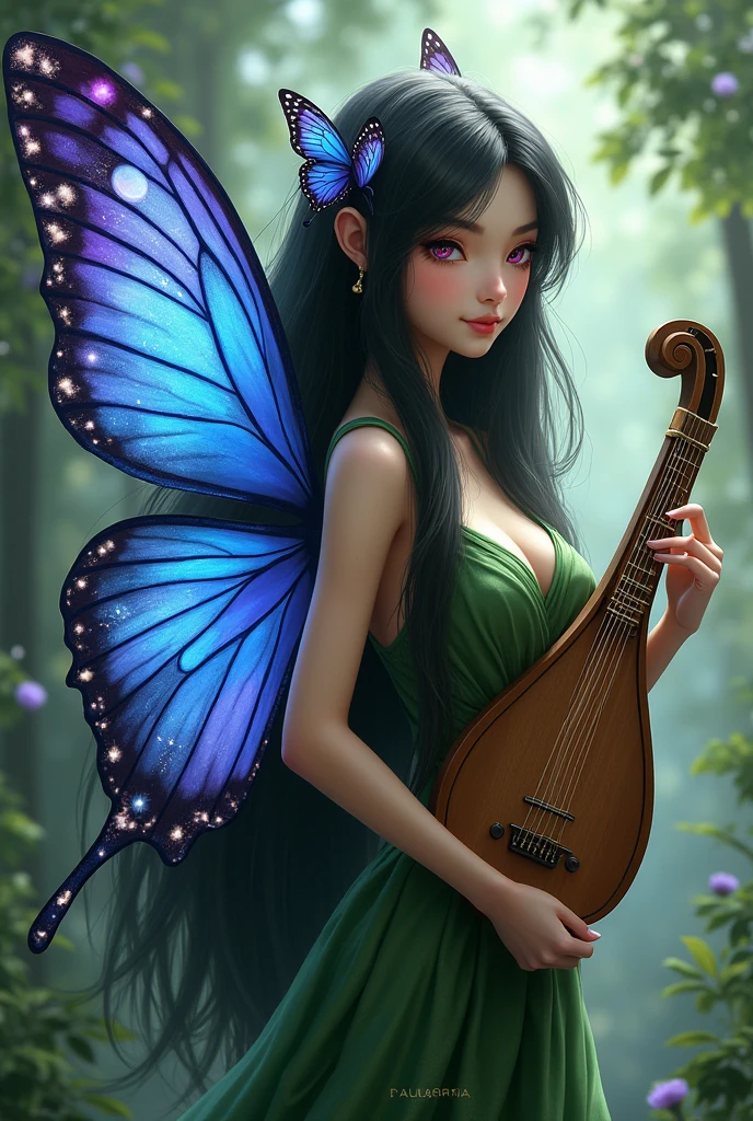 A slender fairy with blue and purple butterfly wings, black hair and pink eyes. She wears green clothes and holds a lyre..