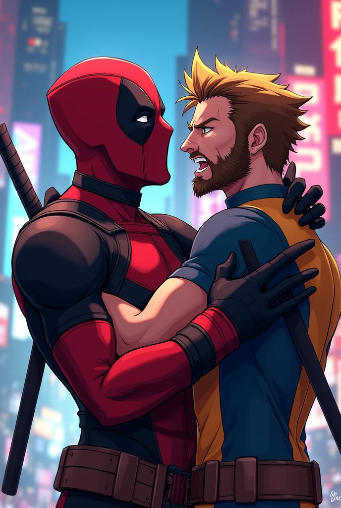 Angry Wolverine and Deadpool hugging him anime version