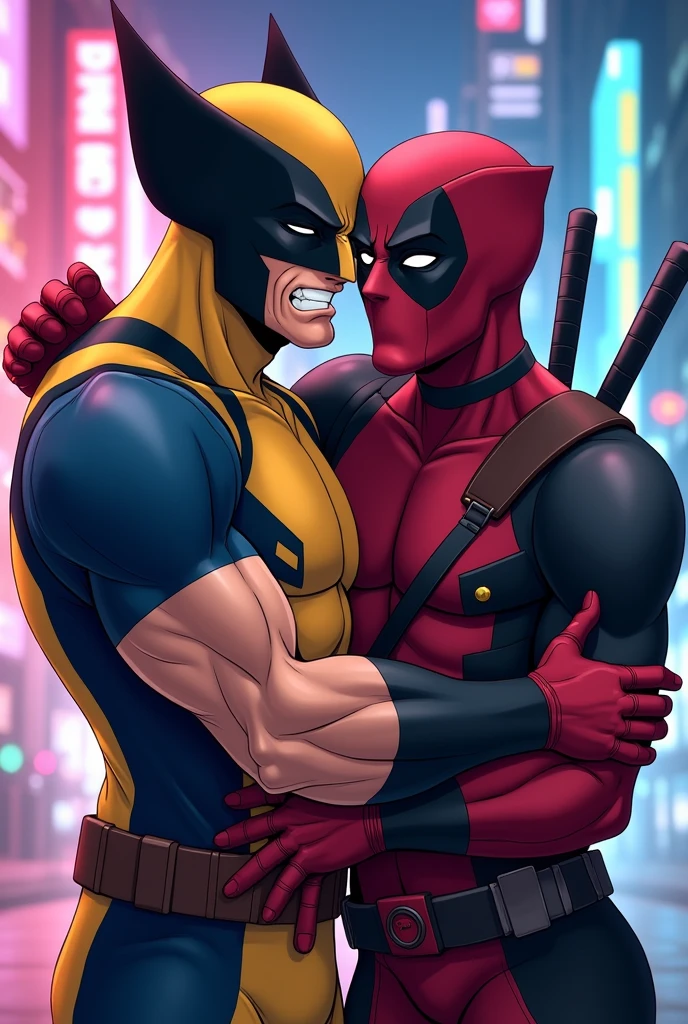 Angry Wolverine and Deadpool hugging him anime version