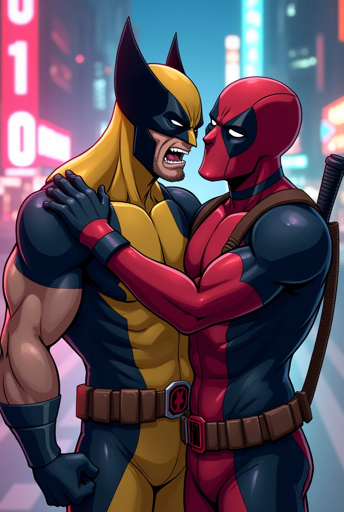 Angry Wolverine and Deadpool hugging him anime version