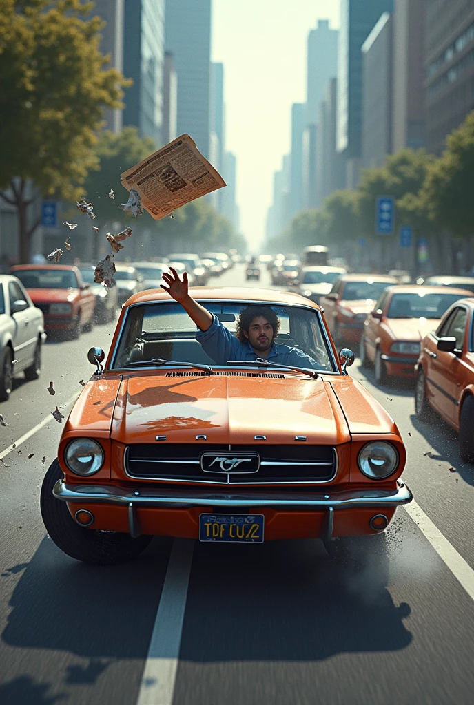 a car going the wrong way, with the driver throwing a newspaper out the window, and several other cars going in the right direction