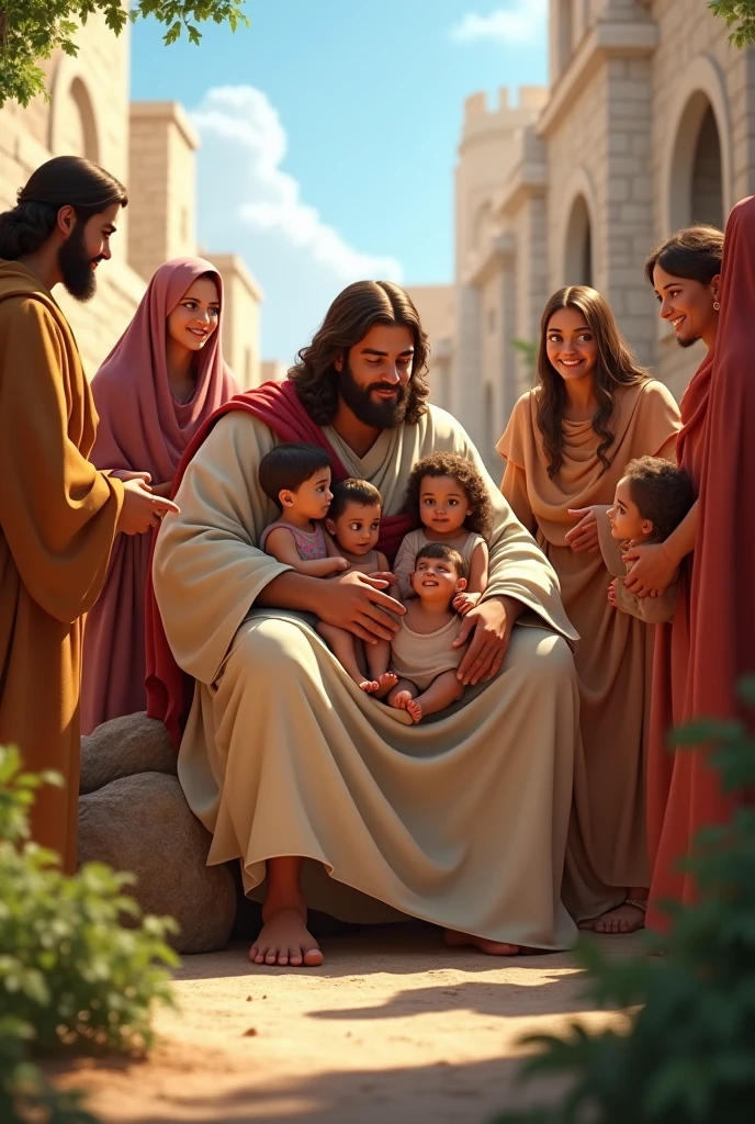 Creating Jesus with a hand pointing to a child, sitting on a rock with white-skinned children on his lap and women bringing the children to Jesus,  and around him men and women dressed in biblical-style robes in a city of ancient Jerusalem, with details of nature in the style of Disney Pixar.