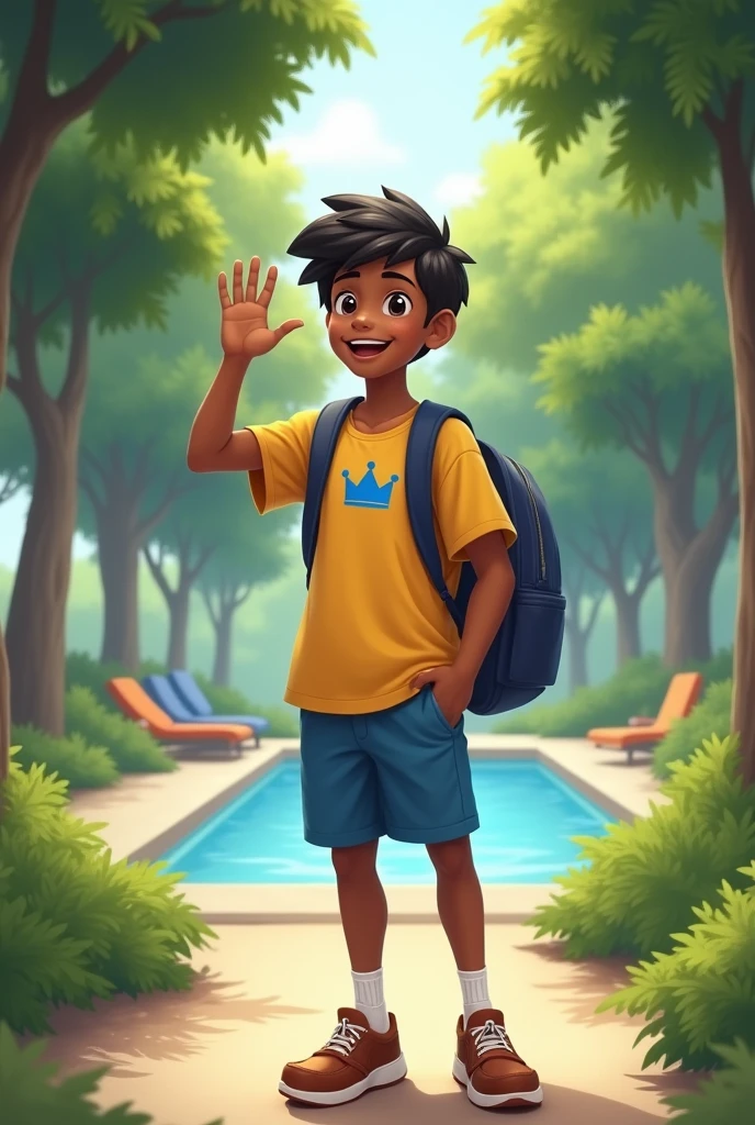 A teenager of approximately , skin black, short black hair. He wears blue shorts above the knee, short socks and brown shoes. He wears a yellow shirt with a blue crown printed on the chest.. He has a black backpack on his back. The setting is a place with lots of trees and a swimming pool in the distance.. He waves at the camera and smiles.