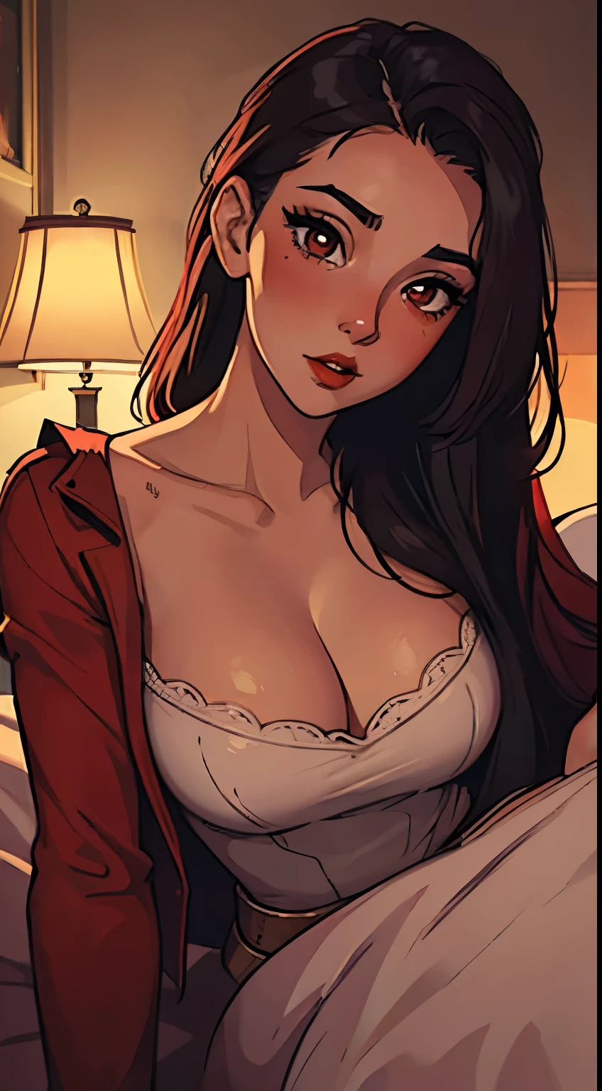 Amazing portrait of a woman who is 30 years old and an adult and a sexy woman who is blushing hard wearing red makeup with her hands pinned to the side as she's lying on bed with her head on pillow facing up pinned as playful turned sexy with her mouth parted and her eyes looking at lips looking very sexy and hot during night time with soft lighting showcasing her red lips and her beautiful face in detail and close up