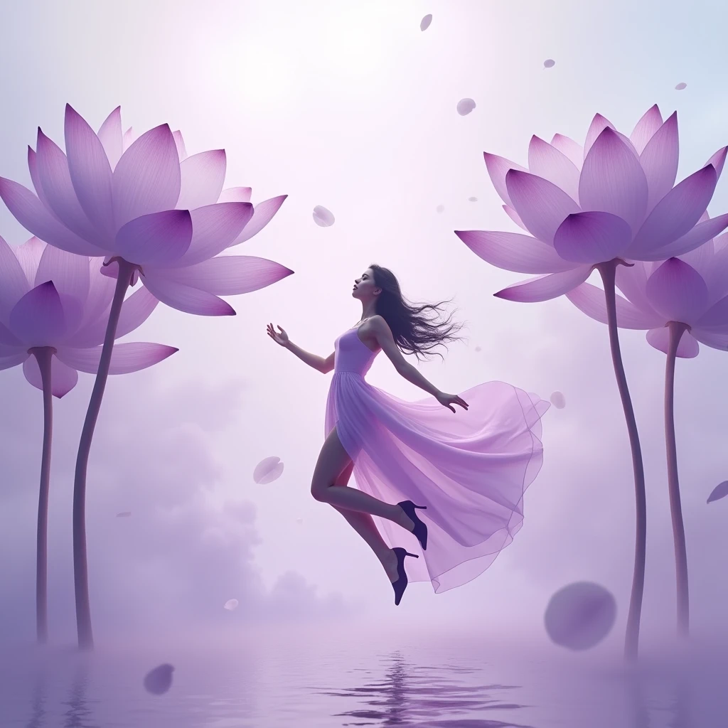 Running on lilac clouds, background color pale lilac in the distance from the fog around and at the feet, minimalist, elegant, pure gentle, soft lilac light, veil,lace, photorealistic. Giant purple lotus , with huge and long purple petals. (petal made of thin and soft tulle, flowing petals full background, floating petals, hyperflying petals, at the feet Mixture of purple smoke and fog effects from colored blue fog on the ground and petals). Extravagant, beautiful woman full length, nice legs,shoes, in a fast dance in a flying pose, (Ultra detailed face, hyperrealistic) , 8 K,12K,