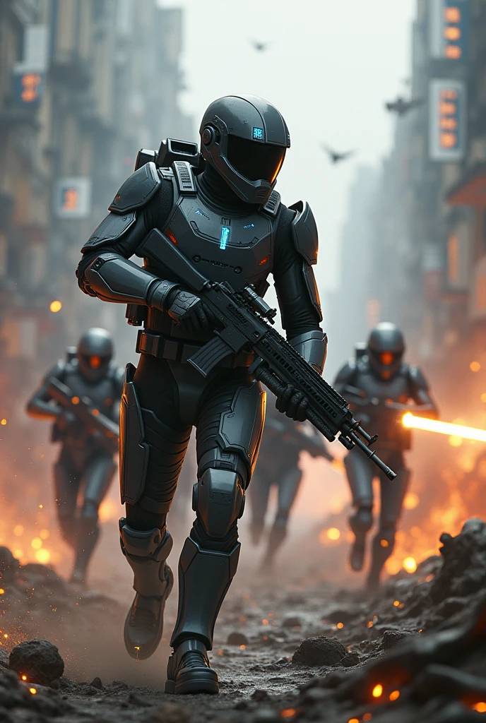 "Create a highly realistic and detailed scene of an Empire officer leading his troops into an attack during a futuristic military operation. The officer is wearing advanced, high-tech armor with integrated digital displays. The troops are equipped with futuristic weapons and gear. The battlefield is a war-torn urban environment with advanced technology like drones and mechs. The style should emphasize cutting-edge technology and intense action."
