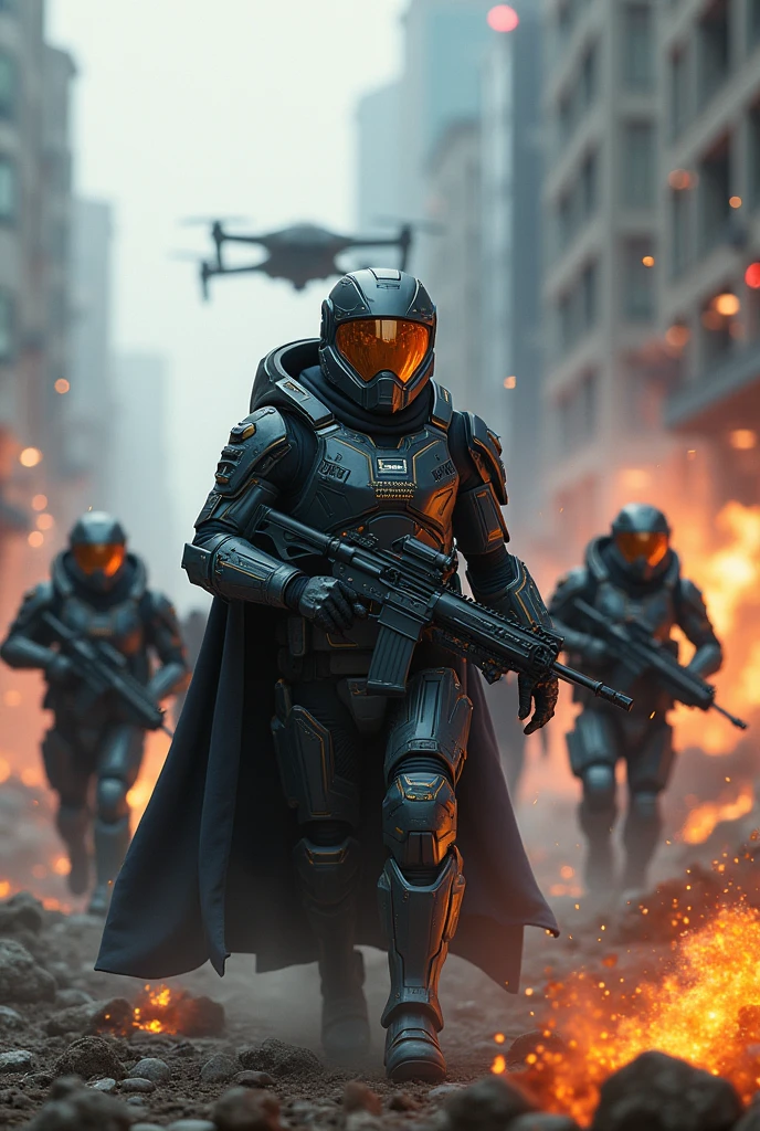 "Create a highly realistic and detailed scene of an Empire officer leading his troops into an attack during a futuristic military operation. The officer is wearing advanced, high-tech armor with integrated digital displays. The troops are equipped with futuristic weapons and gear. The battlefield is a war-torn urban environment with advanced technology like drones and mechs. The style should emphasize cutting-edge technology and intense action."