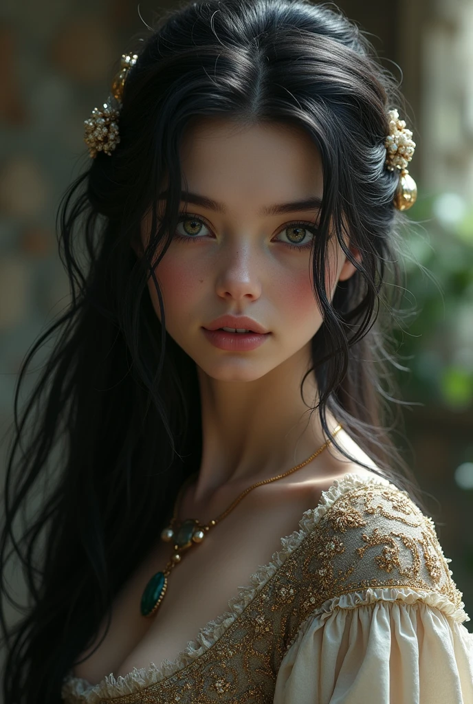 Make young girl, she is very beautiful, has black hair and black eyes, she is very beautiful, sexy and attractive, your skin is pale white 
she is wearing an oreto dress, medieval era middle ages 