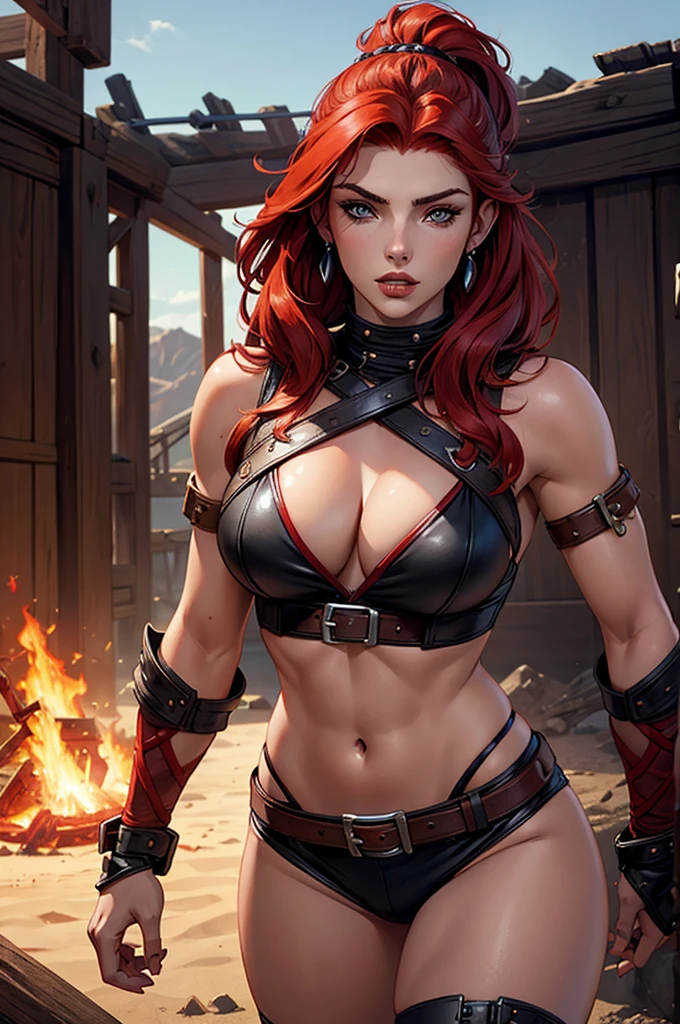 A woman with red hair, a very beautiful berserker woman, sultry body, with the face of Actress Ashley Greene, a barbarian pirate trailblazer, wearing a warrior&#39;s leather armor, wearing left eye patch, solid leather long boots, similar to Red Sonja, Marvel heroine style, 8k, best qualityer, appearing from head to toe, walking on the beach.