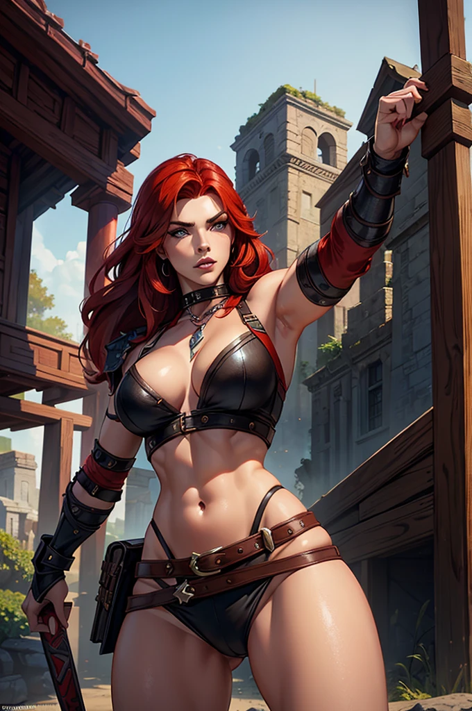 A woman with red hair, a very beautiful berserker woman, sultry body, with the face of Actress Ashley Greene, a barbarian pirate trailblazer, wearing a warrior&#39;s leather armor, wearing left eye patch, solid leather long boots, similar to Red Sonja, Marvel heroine style, 8k, best qualityer, appearing from head to toe, walking on the beach.