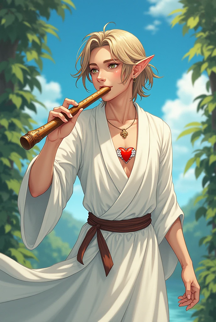 a young half-elf man with delicate, feminine features and shoulder-length light brown hair wearing white robes with a winged red heart symbol on his chest, playing the flute anime style
