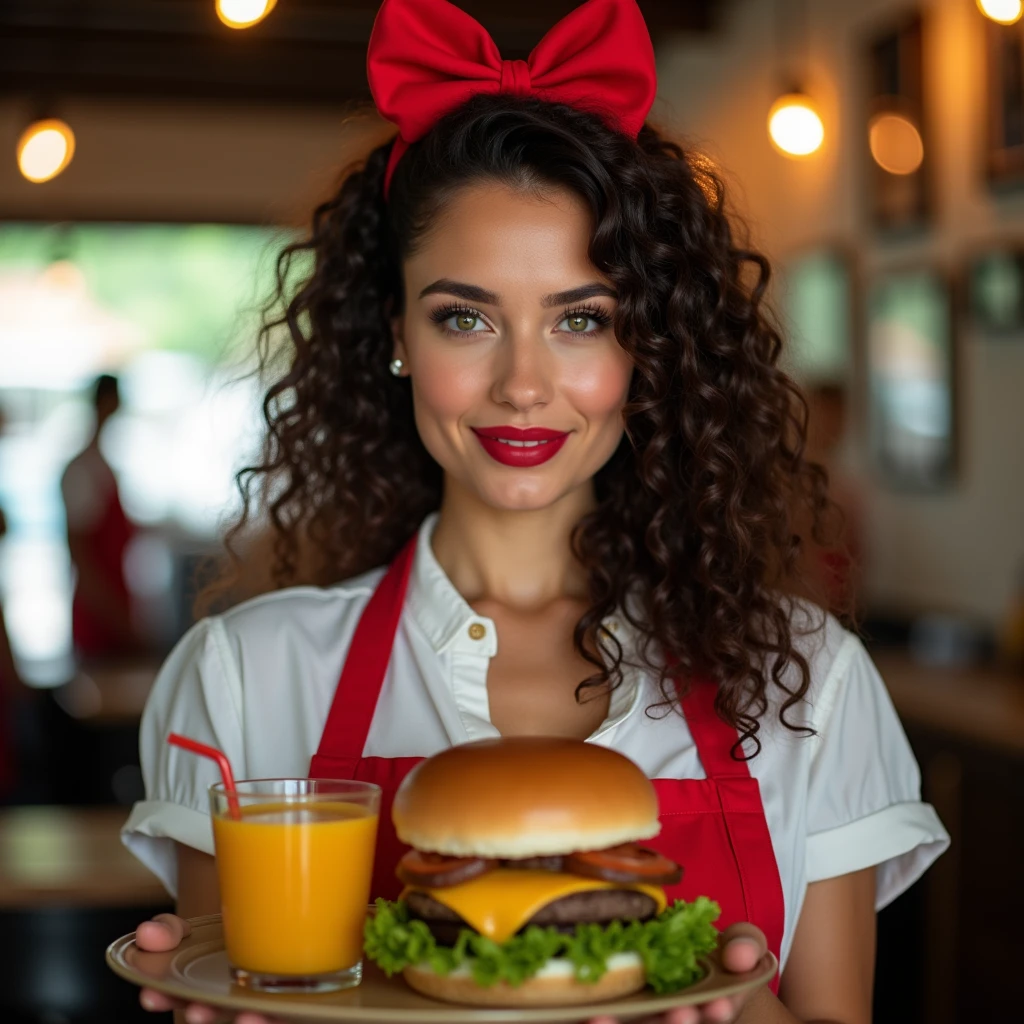 Beautiful cute Brazilian brunette with green eyes, very curly hair, fine nose, very discreet red lipstick, slightly-smile, rounded face, Dressed as a restaurant waitress, with a red bow matching the lipstick above the forehead going around the inside of the hair, with hands in front of him with a tray of burger and juice showing it to the camera, blurred restaurant background environment, high quality 4 k, PICTURE REALISTIC, camera 35mm