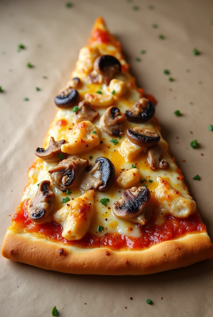 Chicken and mushroom cheese pizza triangular slice